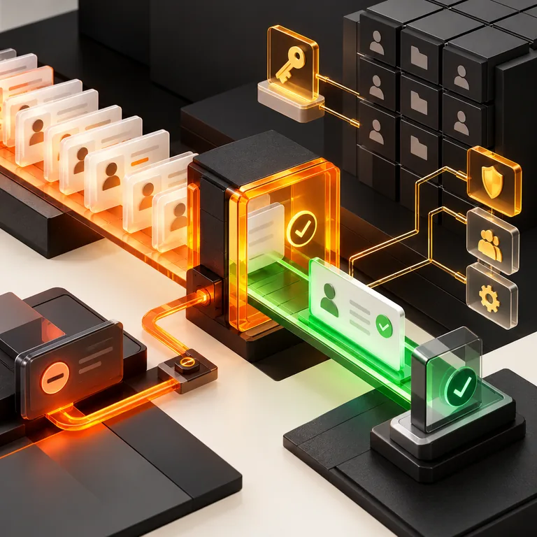 Abstract access request cards, identity keys, permission tokens, approval gate, orange routing line, and green approved path