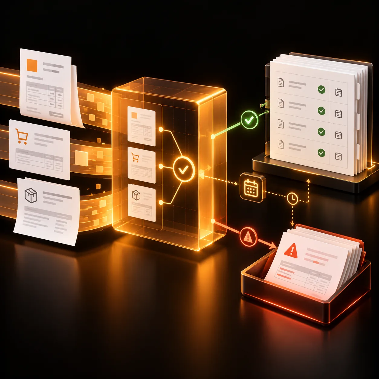 Abstract accounts payable workflow matching invoices with purchasing records and routing approvals and exceptions