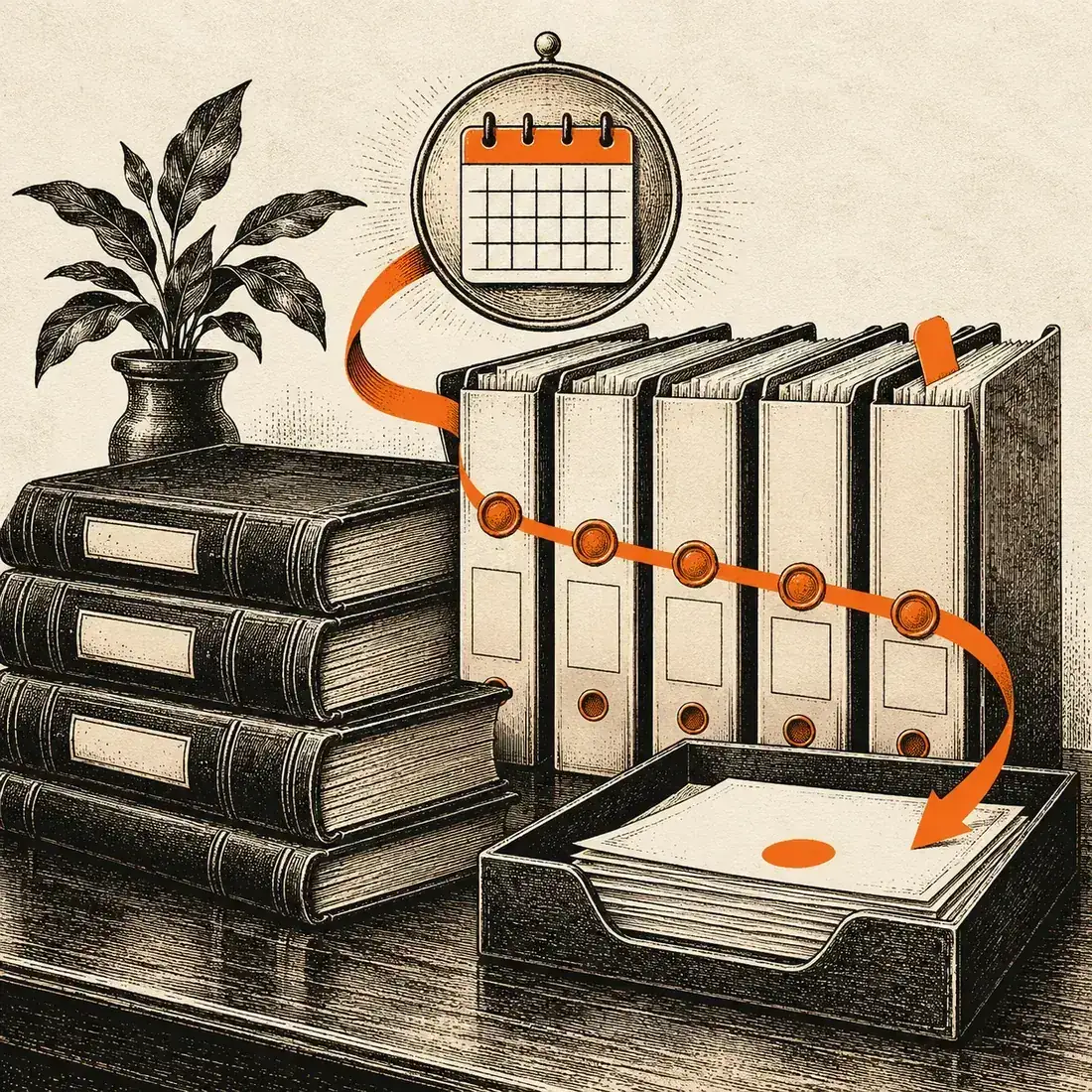 Editorial engraving of accounting ledgers and client engagement files linked to an orange billing review path