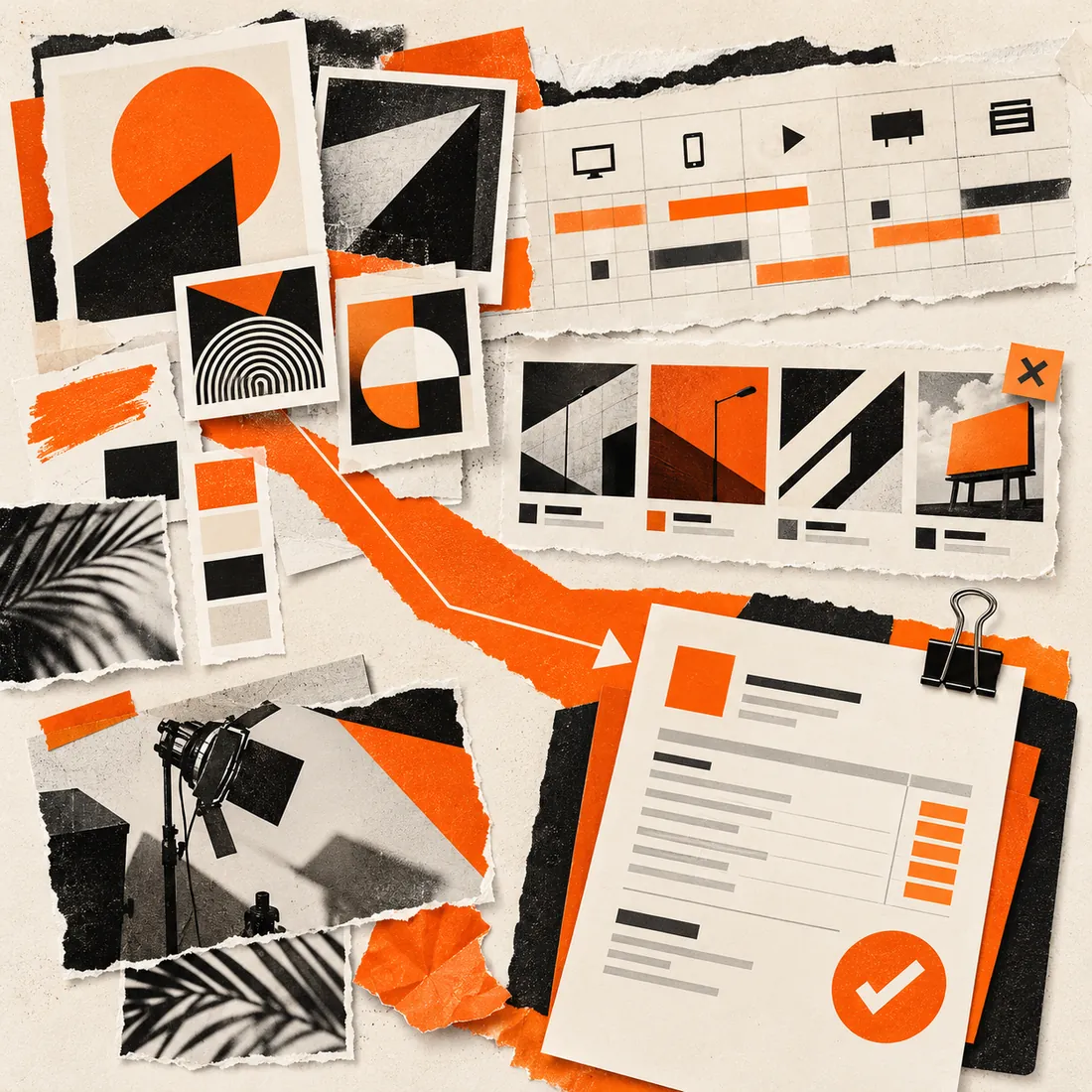Editorial paper collage linking abstract campaign boards and a client invoice approval card with an orange path
