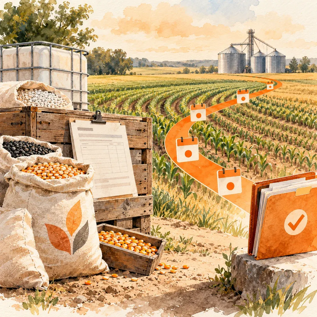 Watercolor farm supply sacks and delivery paperwork beside crop rows, with an orange seasonal follow-up path leading to organized account records