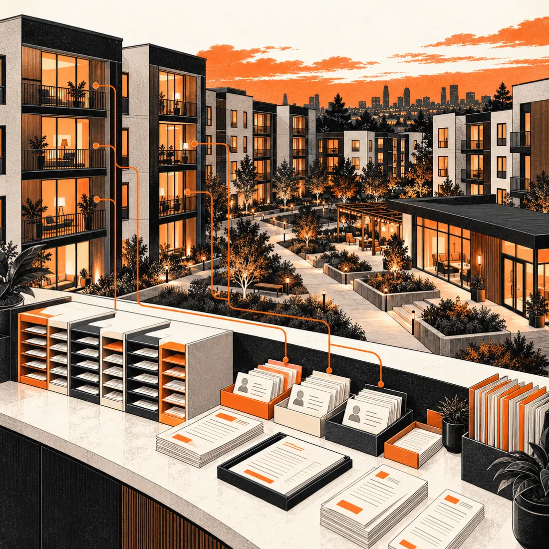 Architectural illustration of apartment buildings and a property management account desk linked by orange review lines
