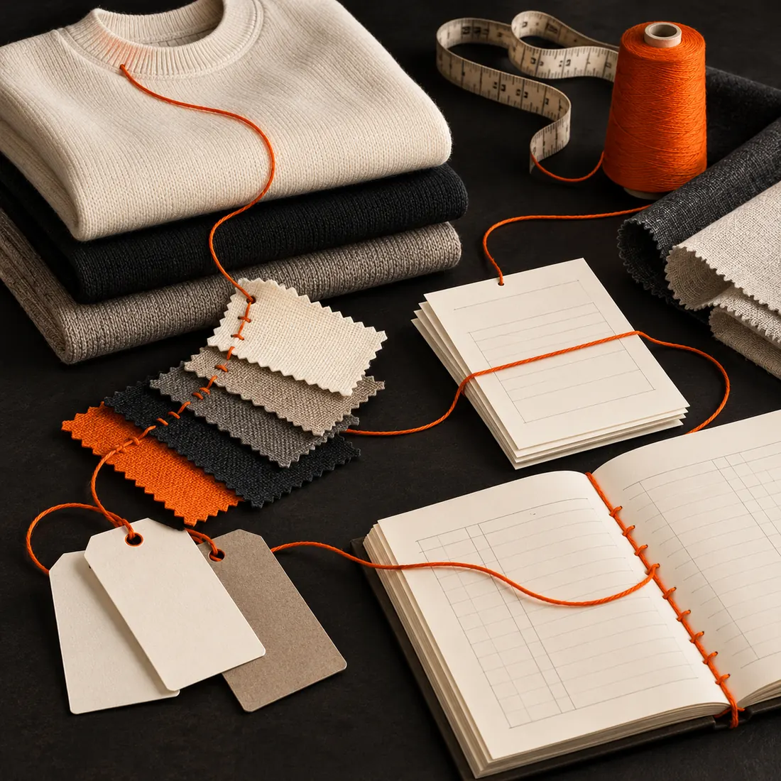 Folded apparel, fabric swatches, blank garment tags and an orange thread connecting wholesale account papers on a dark tailoring table