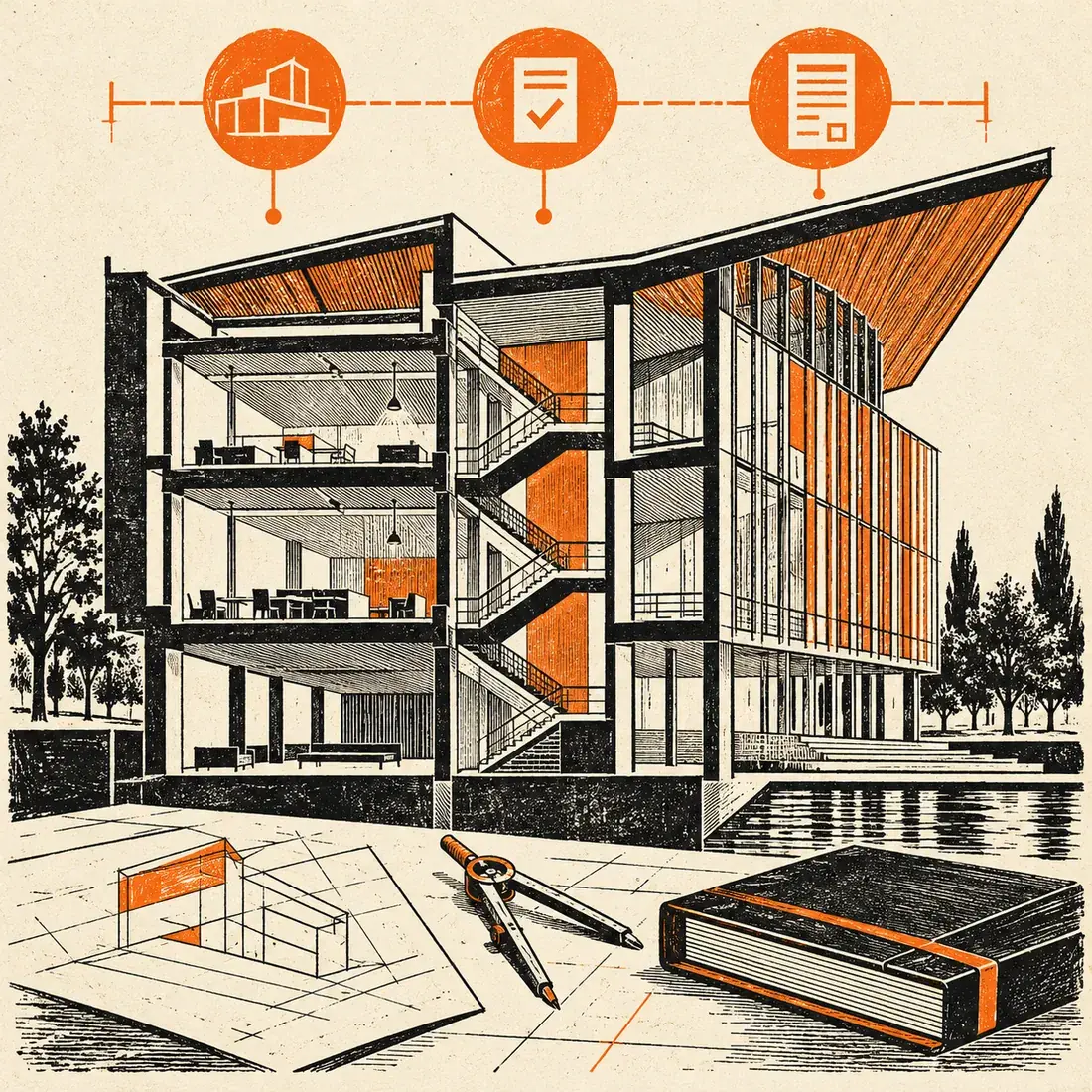 Linocut architectural building section with project milestone markers, drafting tools and a dark fee ledger accented in orange