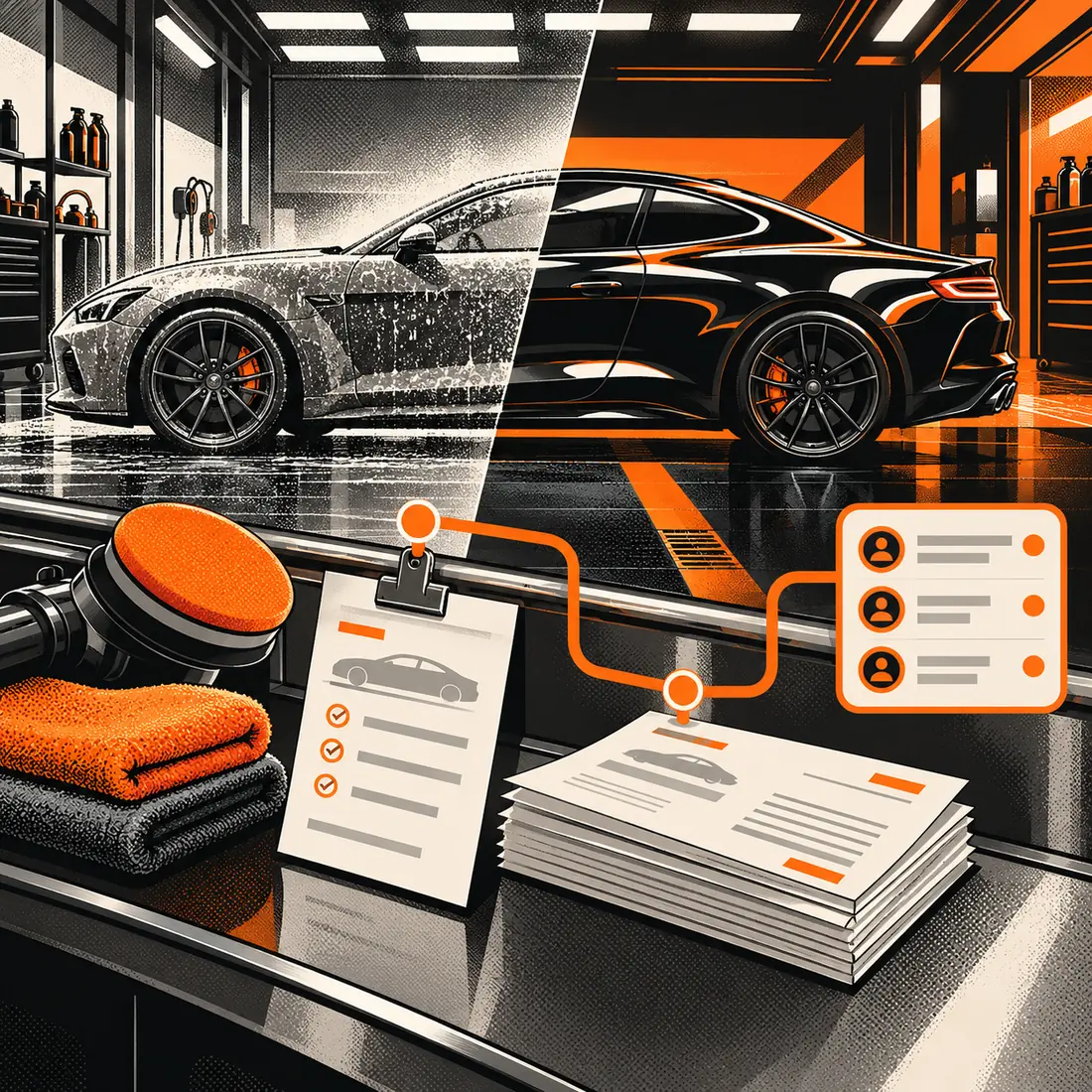 Bold automotive screenprint showing a detailing bay, a polished coupe, microfiber cloths and linked service invoice slips in orange and black
