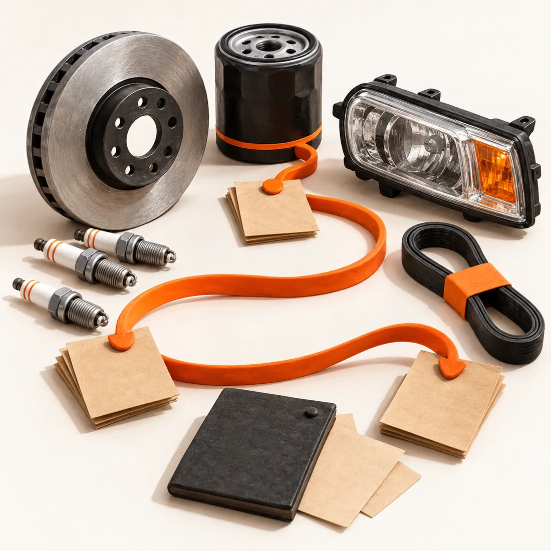 Sculptural brake rotor, oil filter, headlamp, spark plugs and belt connected to blank account slips by a vivid orange path
