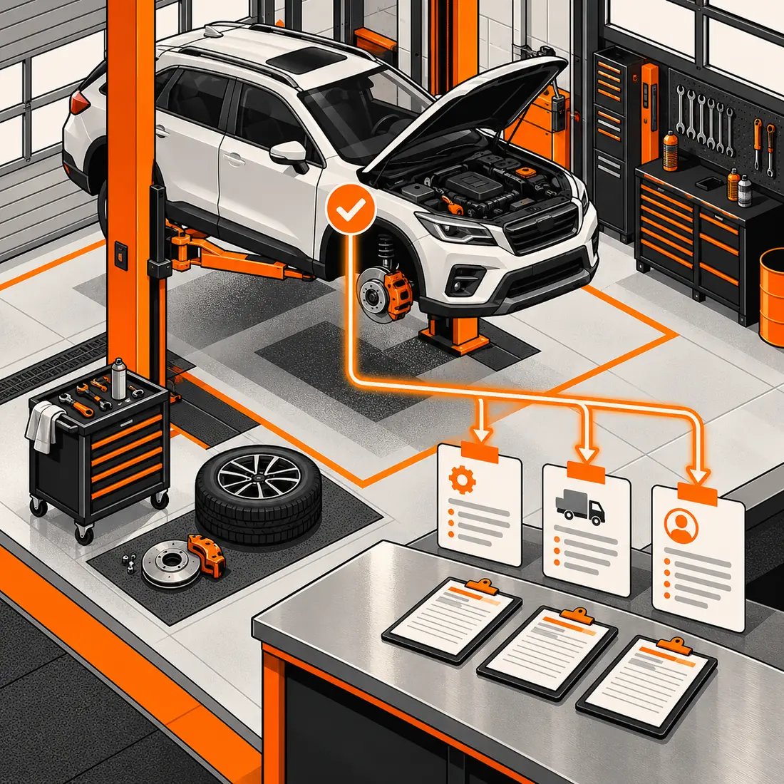 Isometric auto repair bay with a vehicle on a lift, work-order cards, tool cart and orange account follow-up route