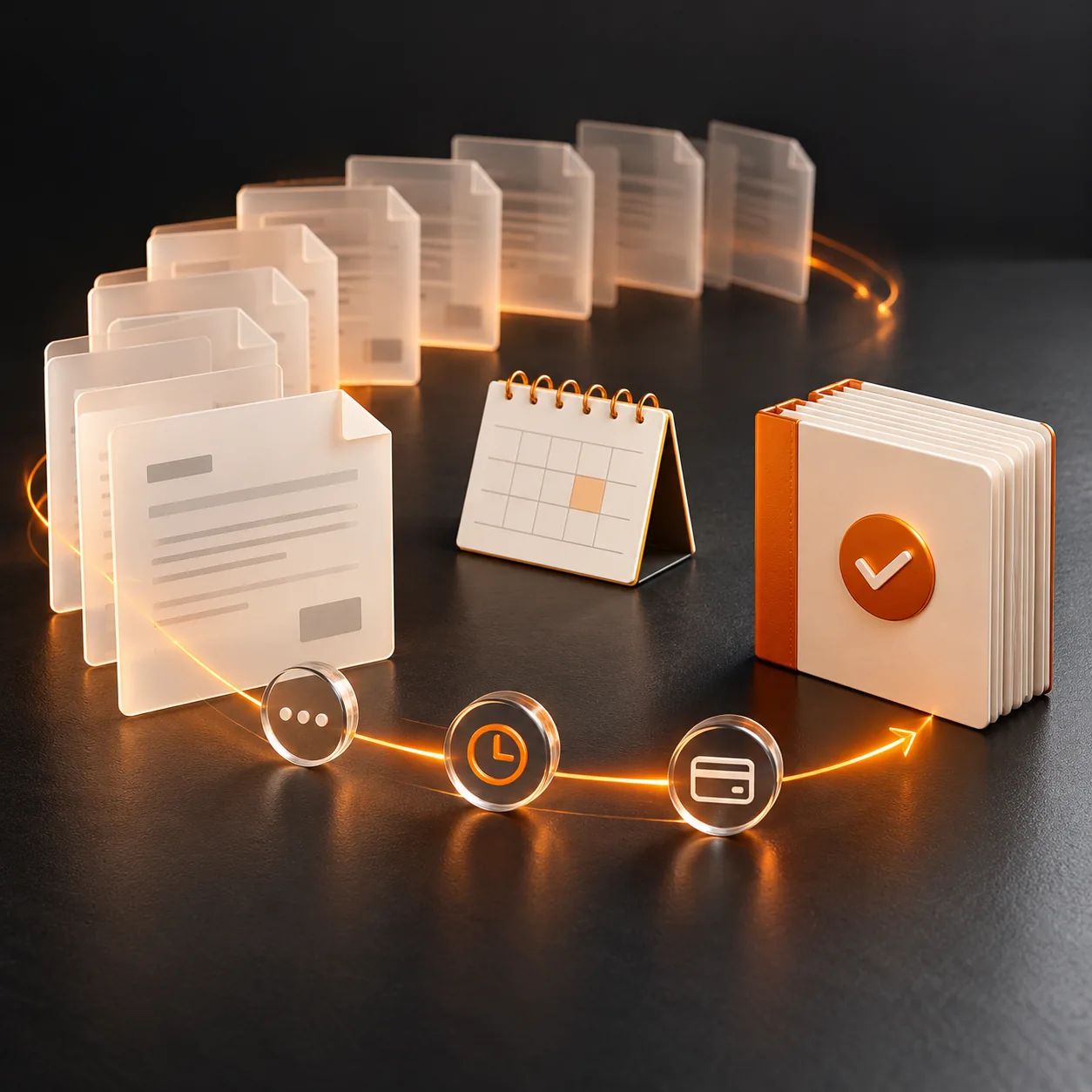 Square 3D still life of translucent invoices, blank calendar, review ledger and an orange receivables timeline on charcoal