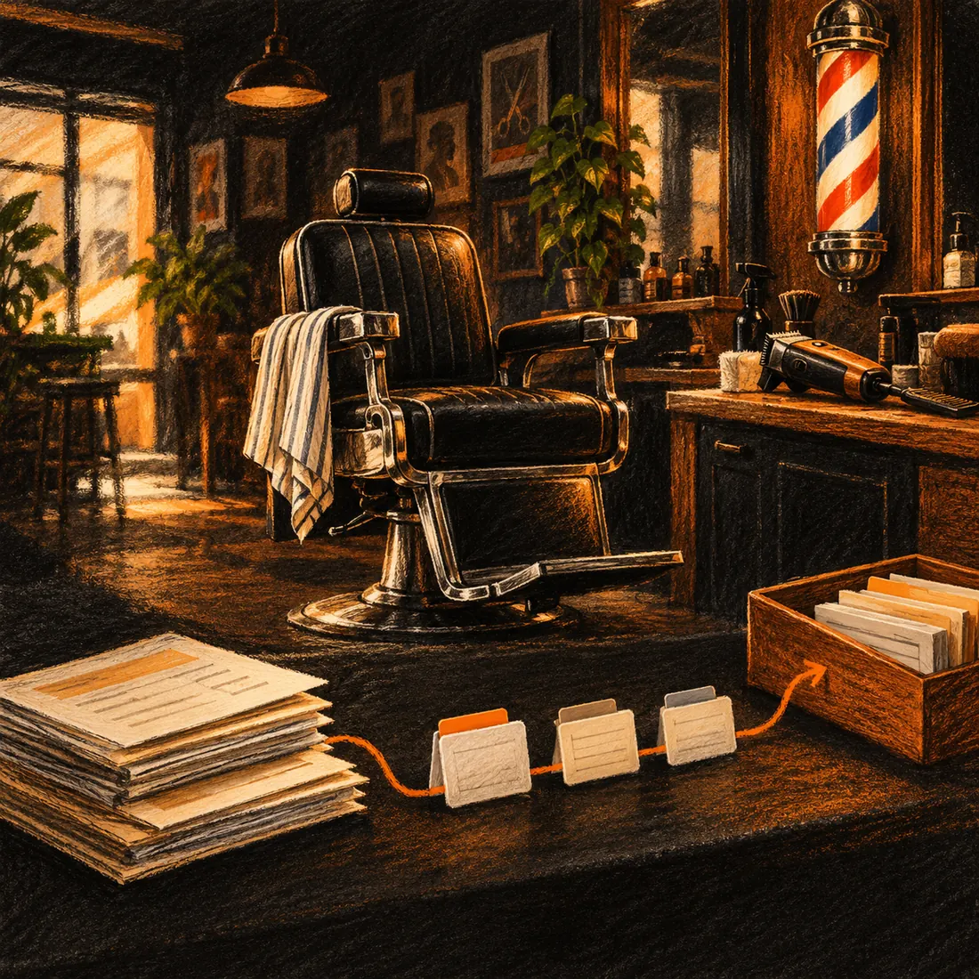 Chalk-pastel illustration of a classic barber chair beside a ledger and recurring account slips, linked by a fine orange line.