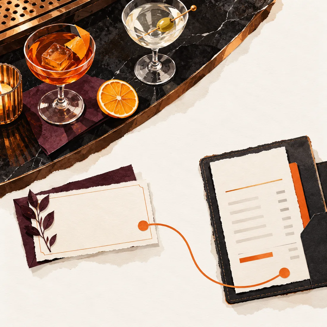 Editorial collage of a bar counter, cocktail glasses and event account paperwork linked by a Tranki-orange line.