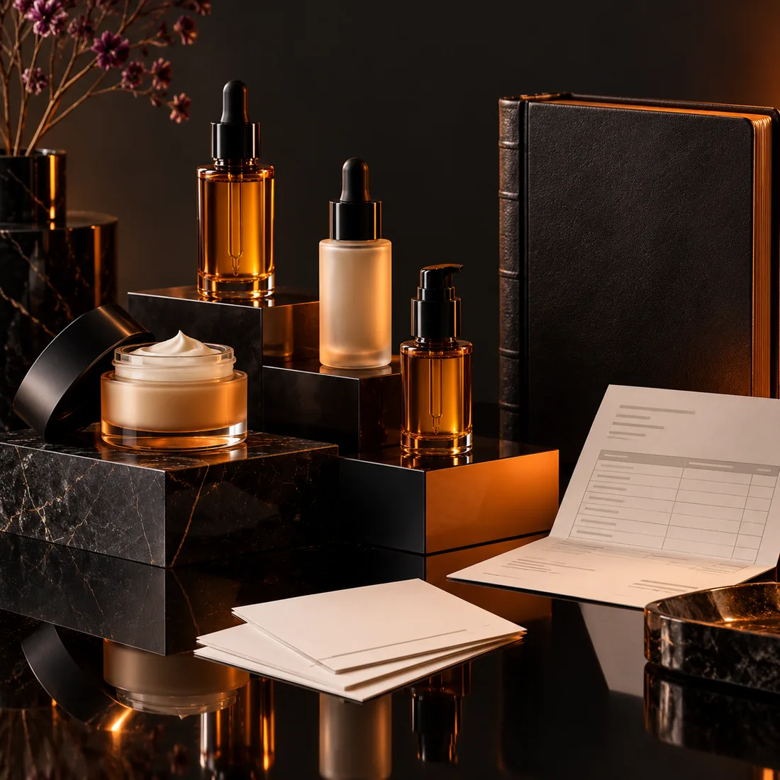 Premium beauty products and a wholesale account ledger arranged on a charcoal display with warm orange lighting.