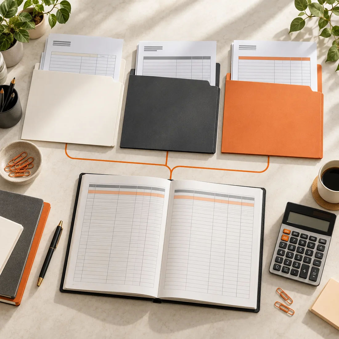 Overhead view of separate client folders and receivables ledgers arranged around a shared bookkeeping review desk.