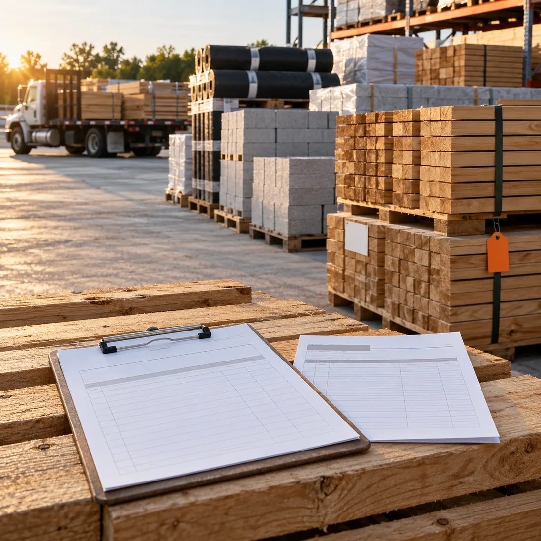 Building materials in a supply yard with blank delivery paperwork and an orange inventory tag on a lumber pallet.