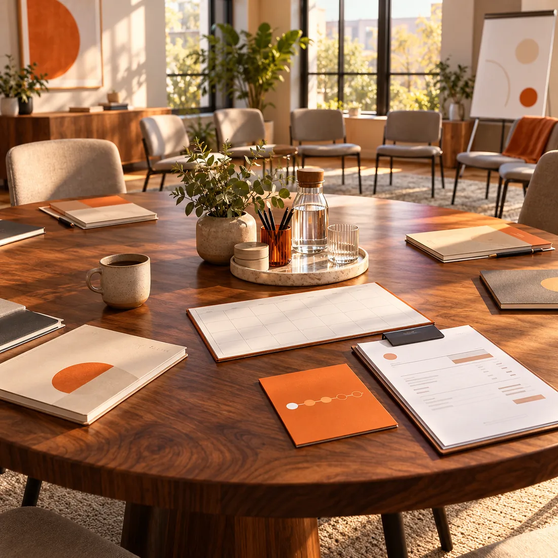 A sunlit coaching workshop room with program workbooks, a cohort calendar and blank invoice paperwork on a round table.