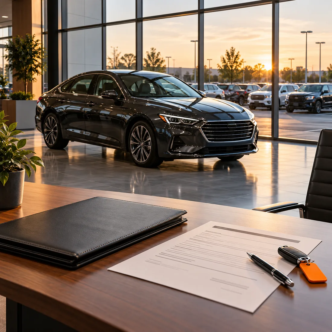 An unbranded sedan in a glass dealership showroom with a deal folio, invoice sheet and orange key tag on the desk.