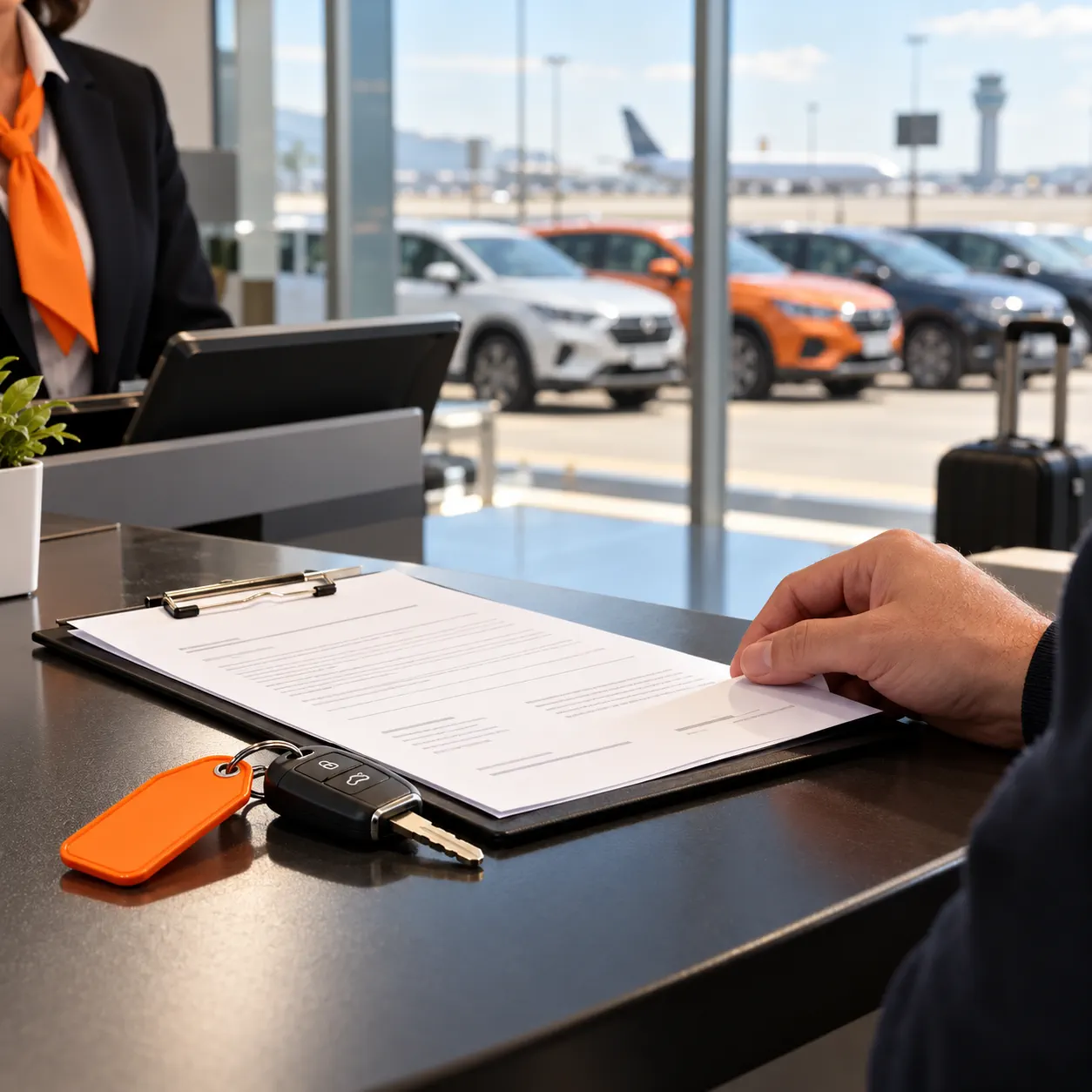 A rental counter employee reviews an invoice and car keys with an airport pickup lane in the background.