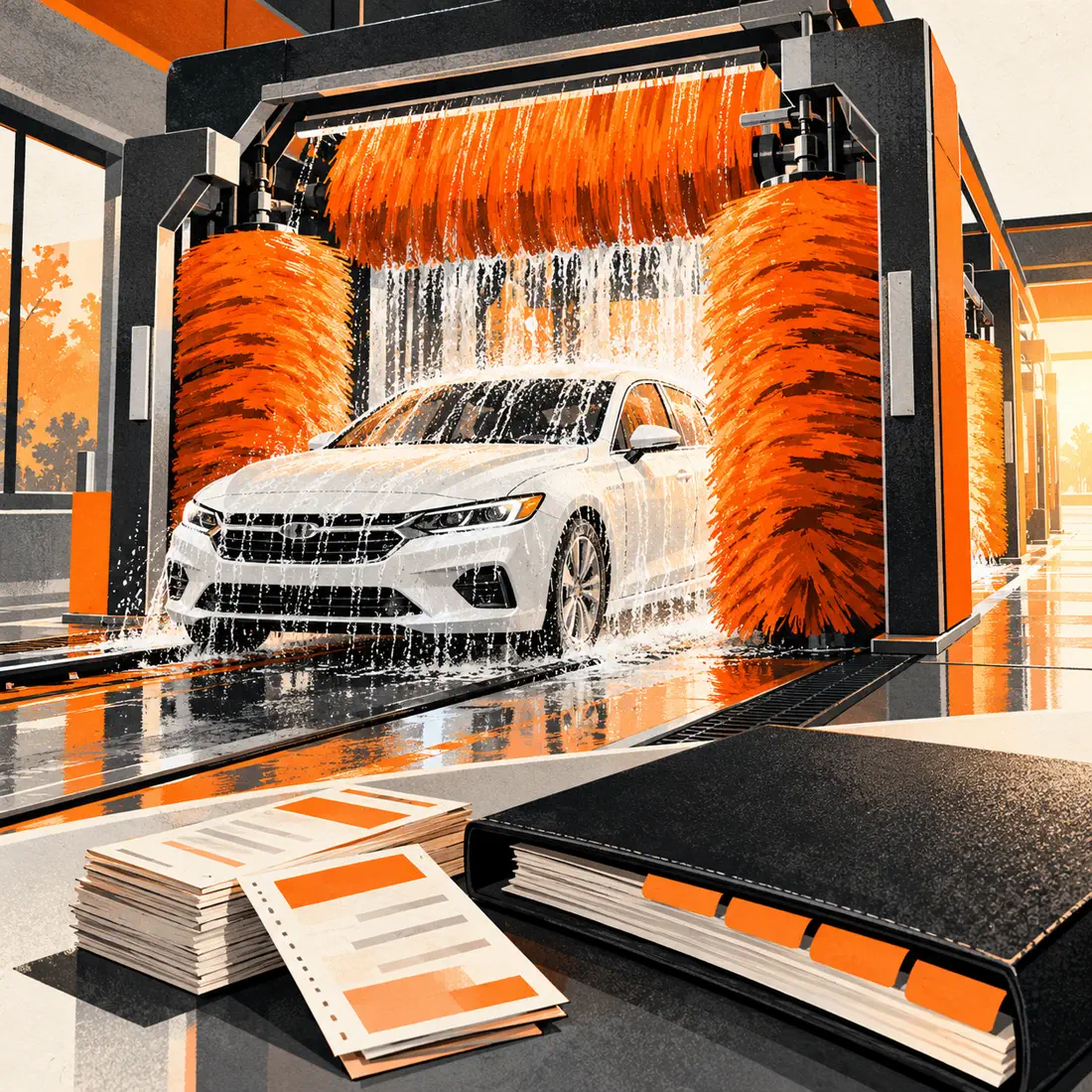 Editorial illustration of a white fleet car passing through orange car wash brushes, with account papers in the foreground.