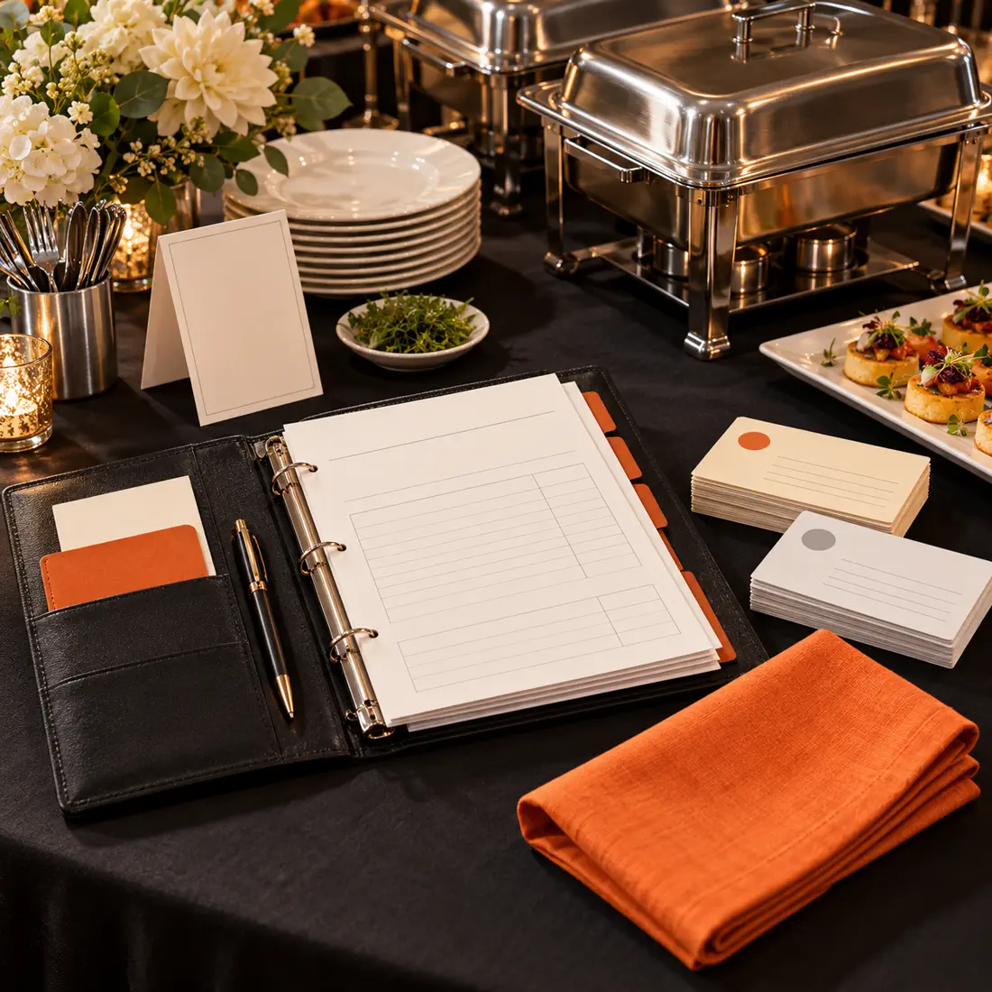 A catering event table with serving trays, an invoice binder and blank event order sheets.