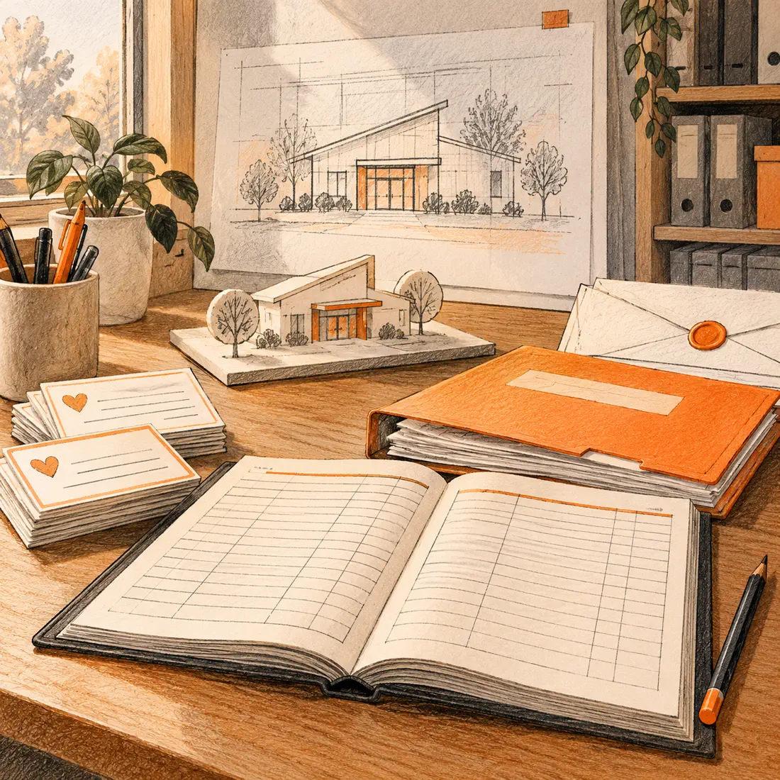 An ink-and-watercolor illustration of a charity program office with an open ledger, pledge cards, grant folder and community-center sketch.