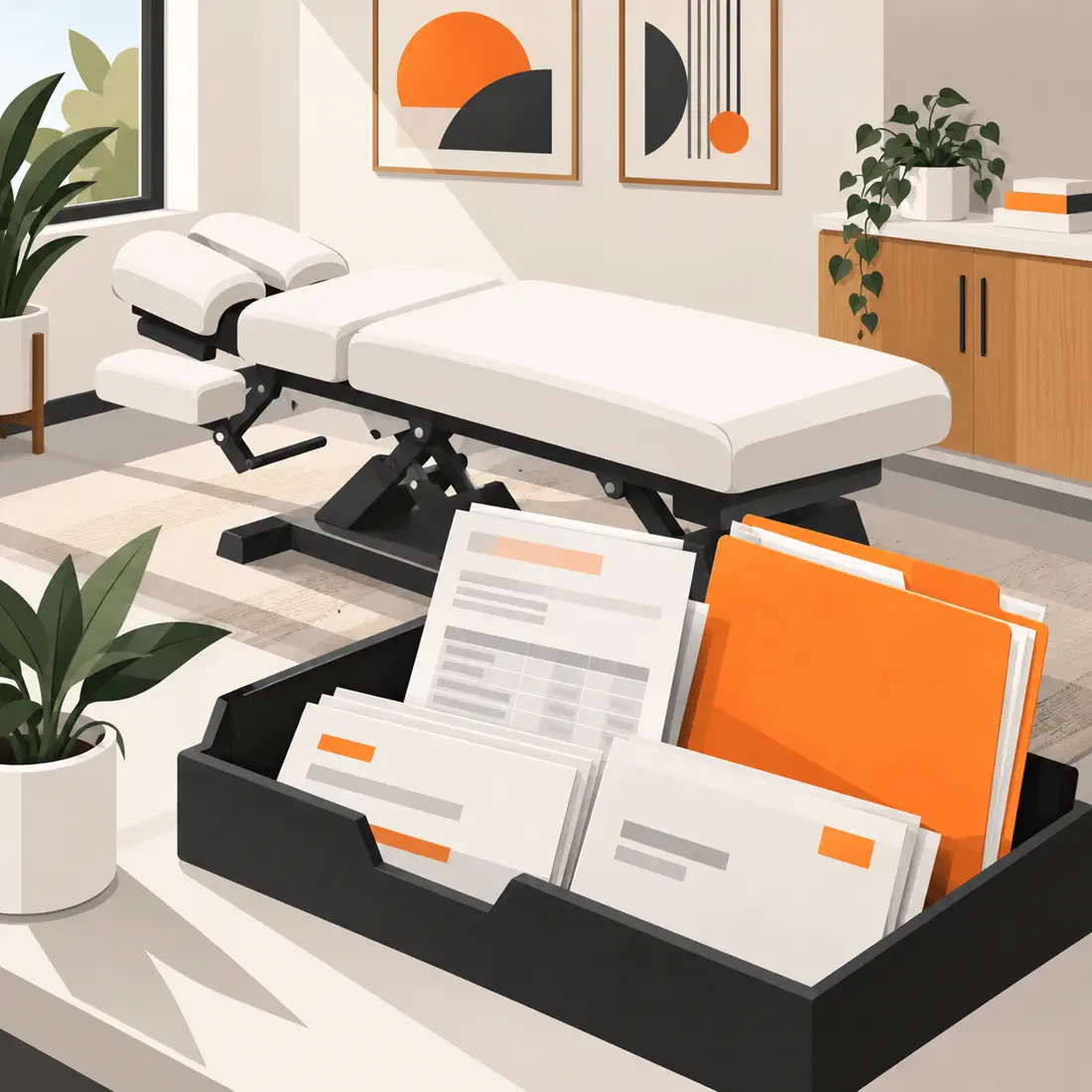 Geometric editorial illustration of a chiropractic treatment room with an orange billing folder and abstract remittance sheets.