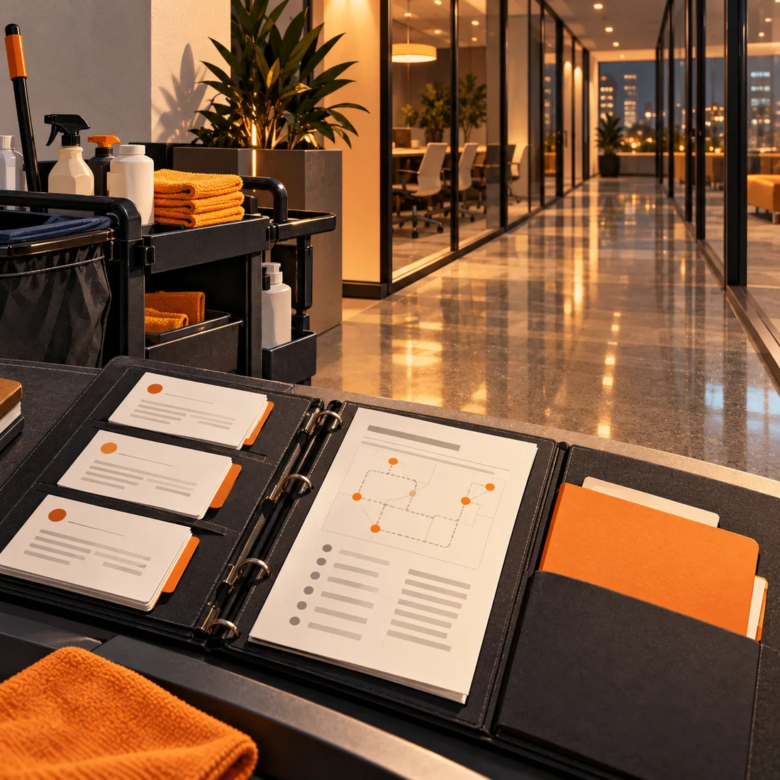 A late-night cleaning cart beside a glass office corridor, with a dark binder holding service tickets and orange invoice folders.