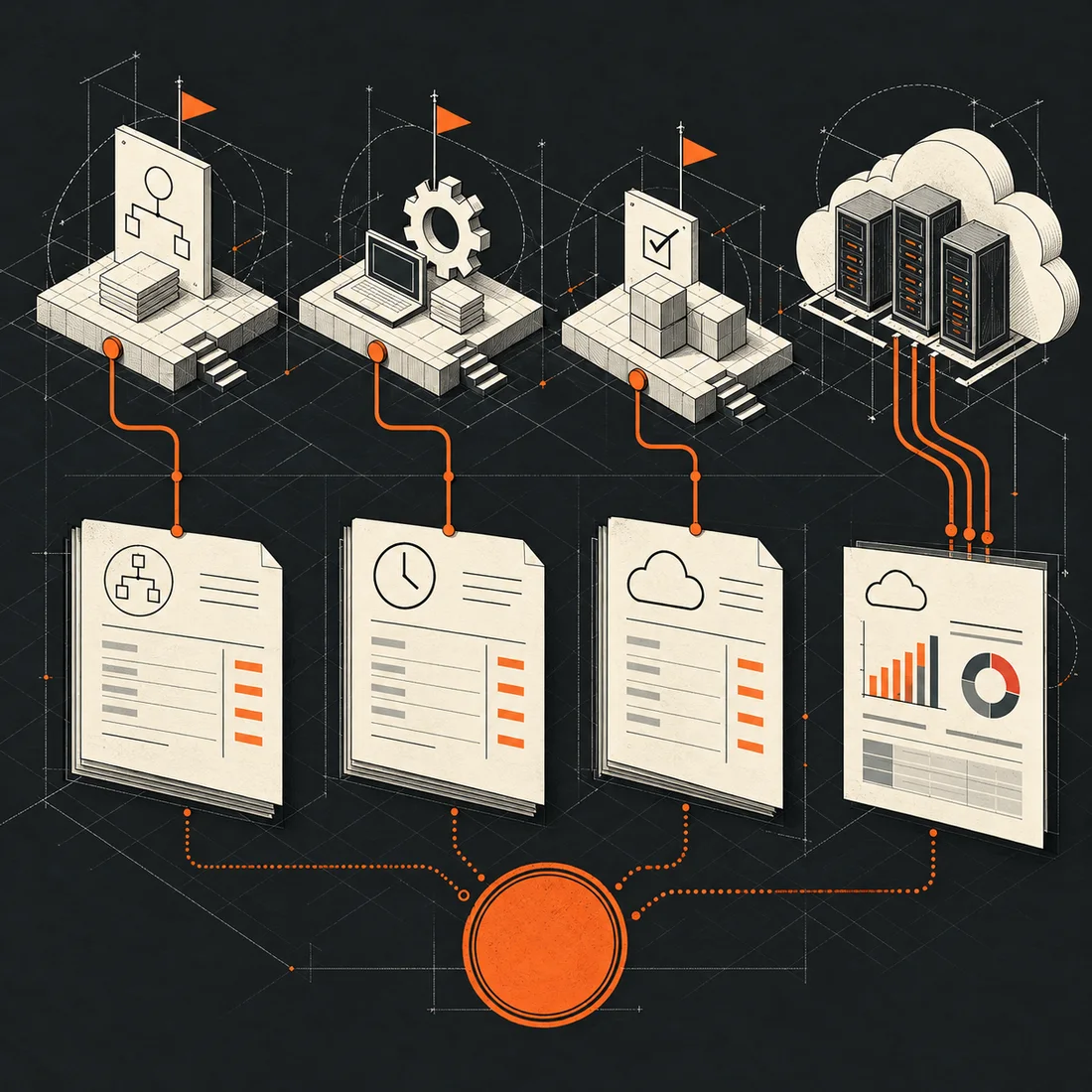Technical blueprint illustration linking cloud consulting milestones, approved time records, cloud usage reports and invoice folios with orange paths on charcoal.