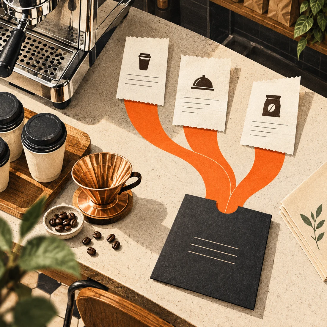 Tactile coffee-shop still life with an espresso machine, catering and wholesale receipts connected by orange paths to a dark ledger.
