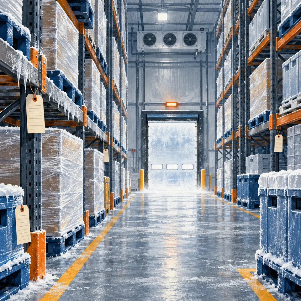 Painterly refrigerated warehouse aisle with frosted pallet racks, cold-room crates and orange loading-bay accents.