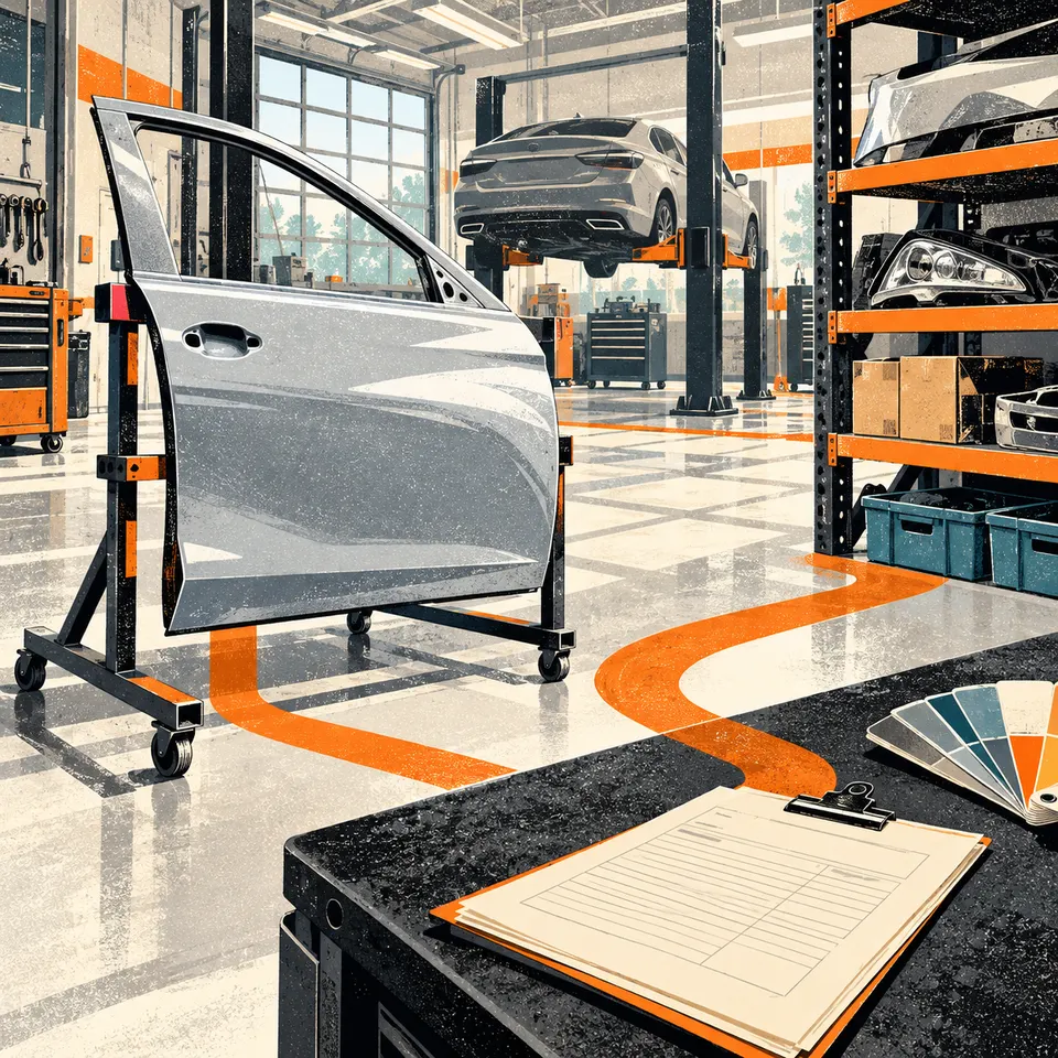 Screen-printed collision repair bay with an unbranded door panel, parts racks, paint swatches and an orange repair-order folio.