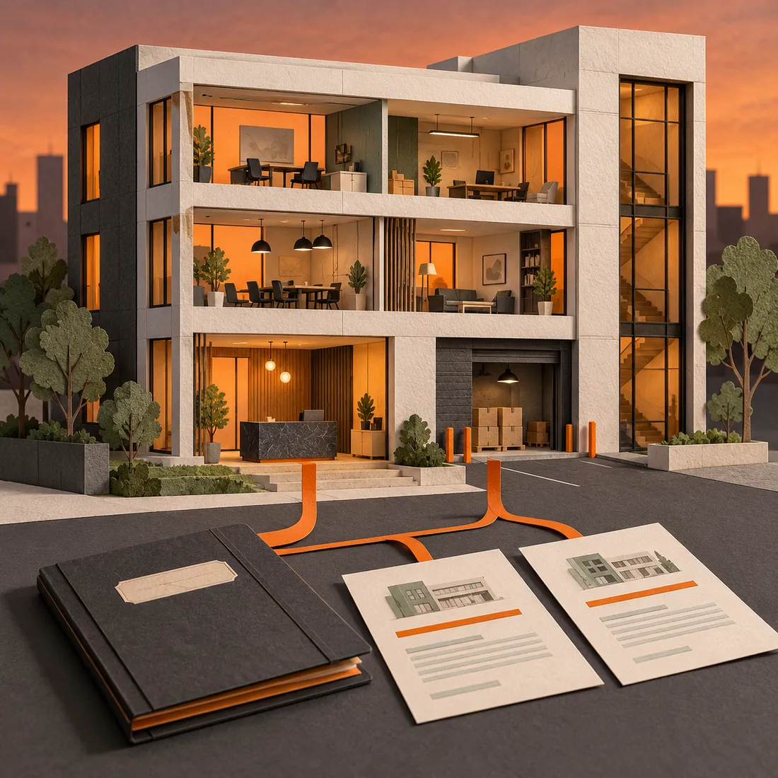 Paper-collage cutaway of a multi-tenant commercial building with orange-lit suites, tenant lease abstracts and a charcoal property ledger.