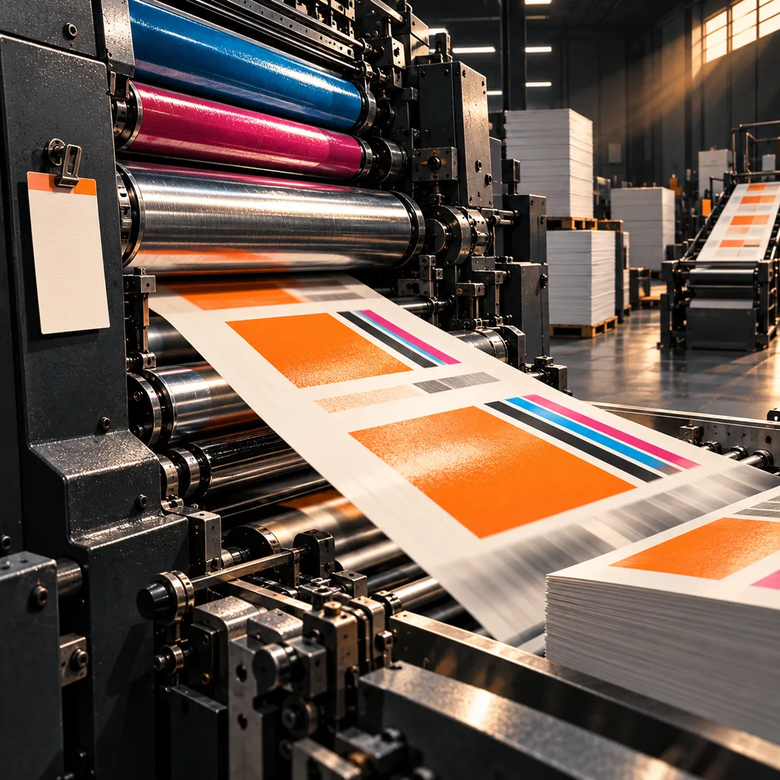 Cinematic close view of a commercial sheet-fed press printing geometric orange, cyan and magenta shapes onto a flowing sheet.