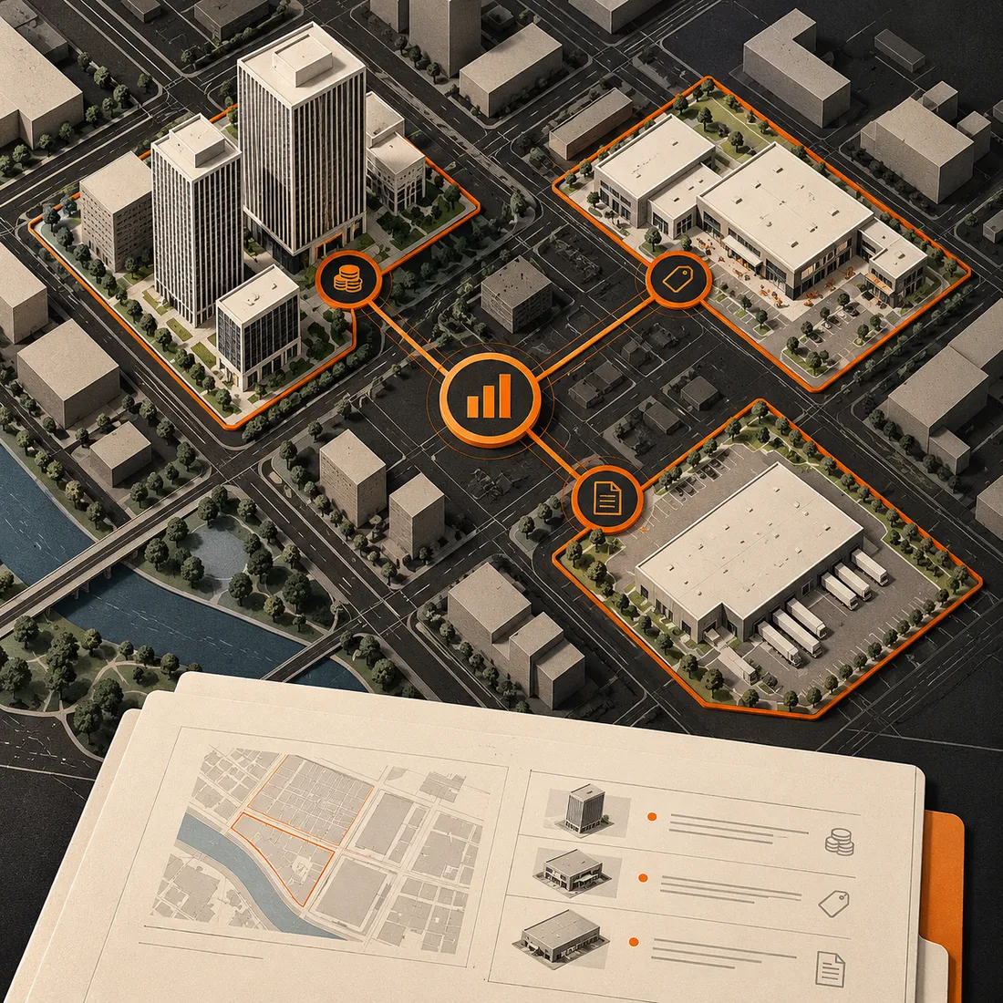 Top-down commercial real estate portfolio map with office, retail and industrial properties linked by orange fee and document markers