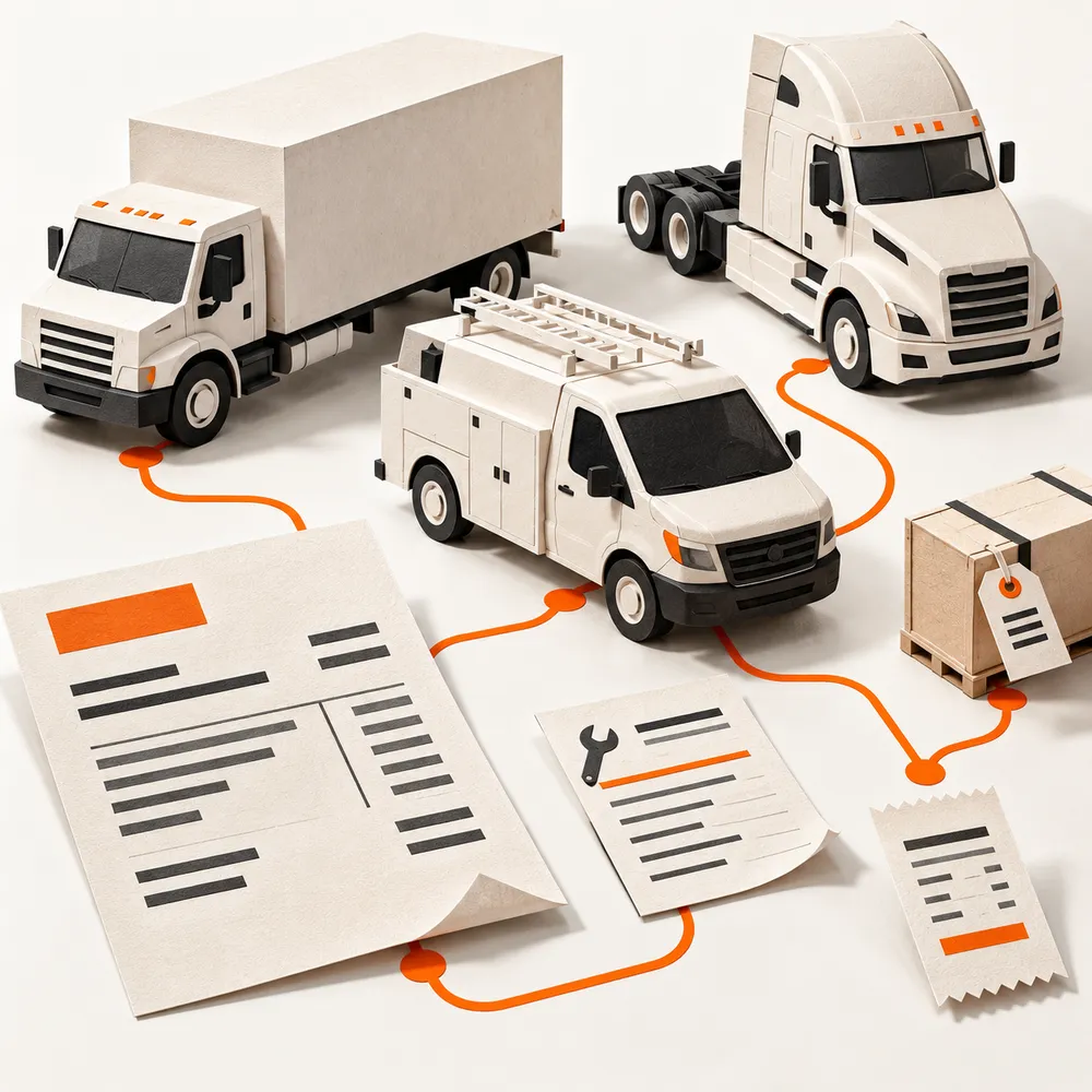 Paper-cut collage of commercial fleet trucks connected by orange lines to dealership invoice, repair order, parts and payment records