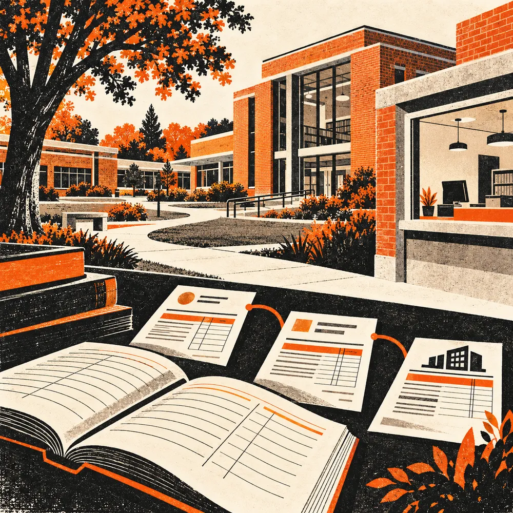 Linocut-style community college campus with an open bursar ledger and connected tuition, program and sponsor invoice forms in orange, black and warm white