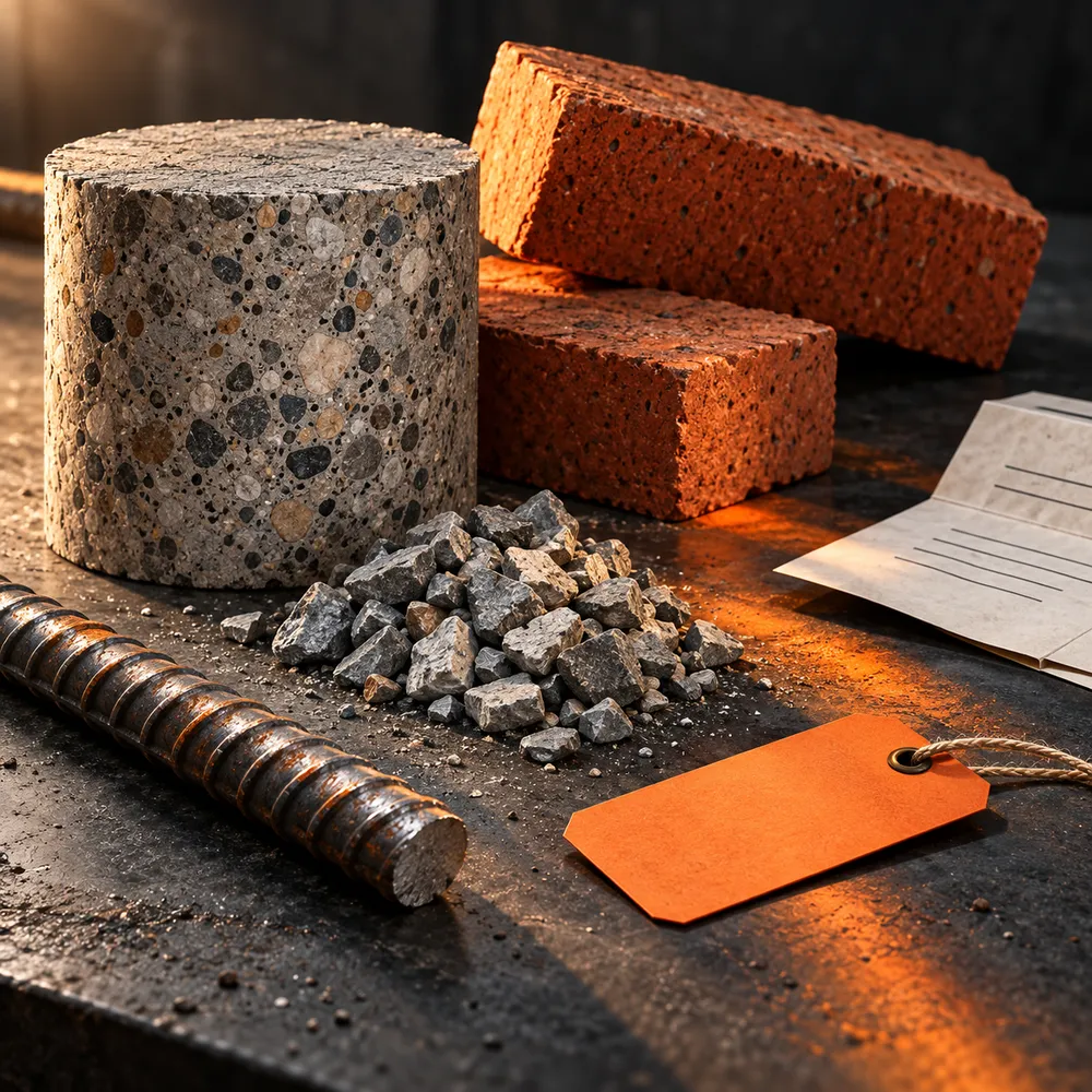 Photorealistic still life of concrete, brick, aggregate and reinforcing steel samples beside an orange order tag and shipment record