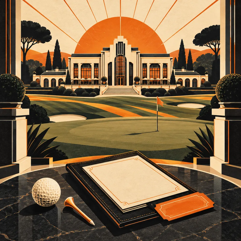 Art Deco country club and geometric putting green above a blank member account folio with golf ball and orange event ticket