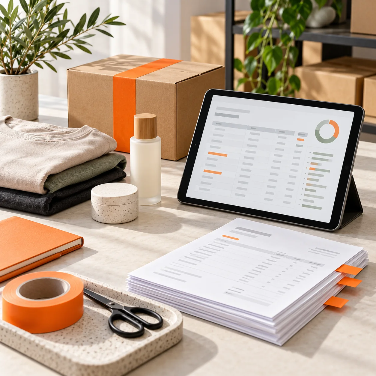 Square editorial DTC fulfillment still life with an orange-taped parcel, retail products, settlement worksheet and tablet dashboard