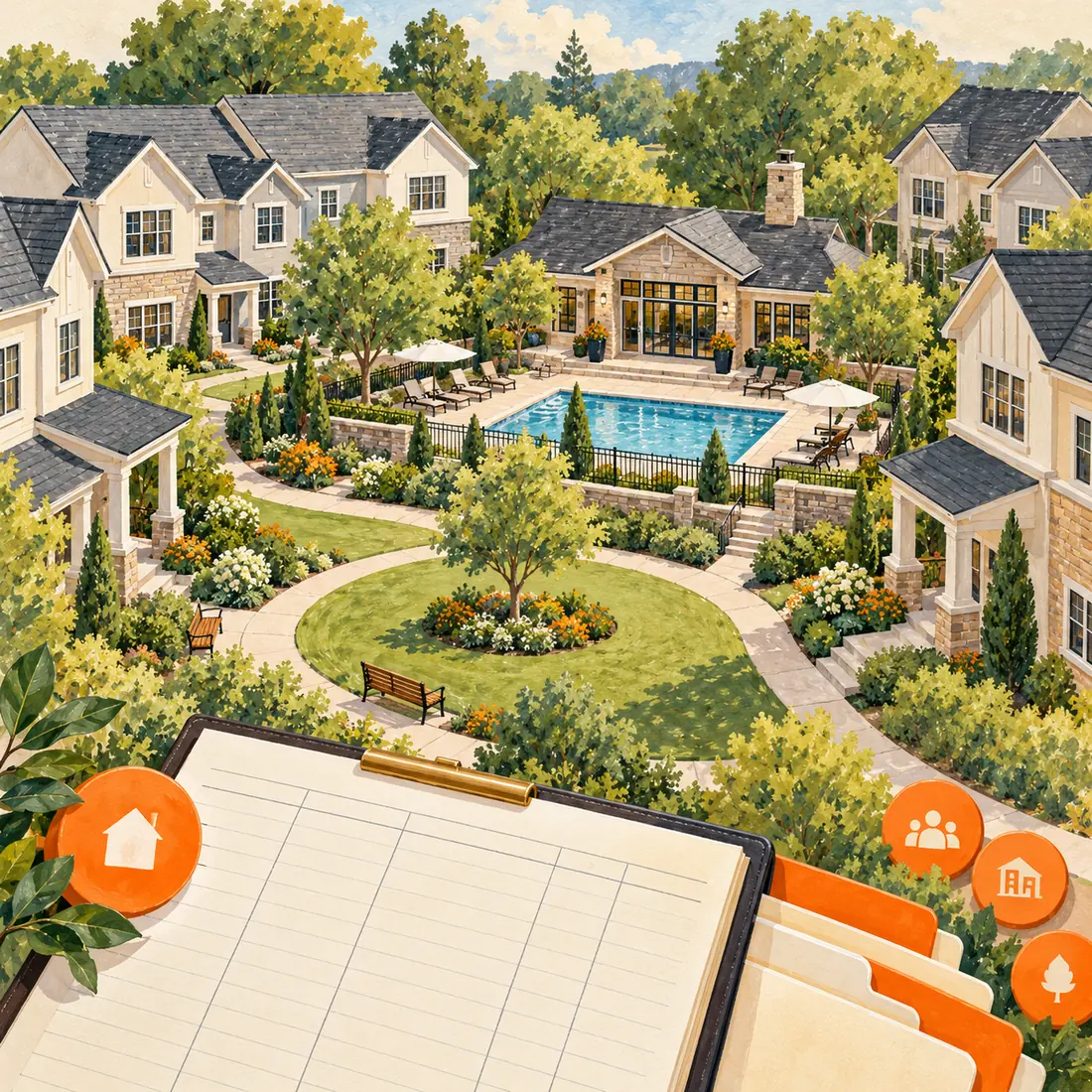 Square gouache illustration of townhomes around a shared HOA courtyard with a blank assessment ledger in the foreground