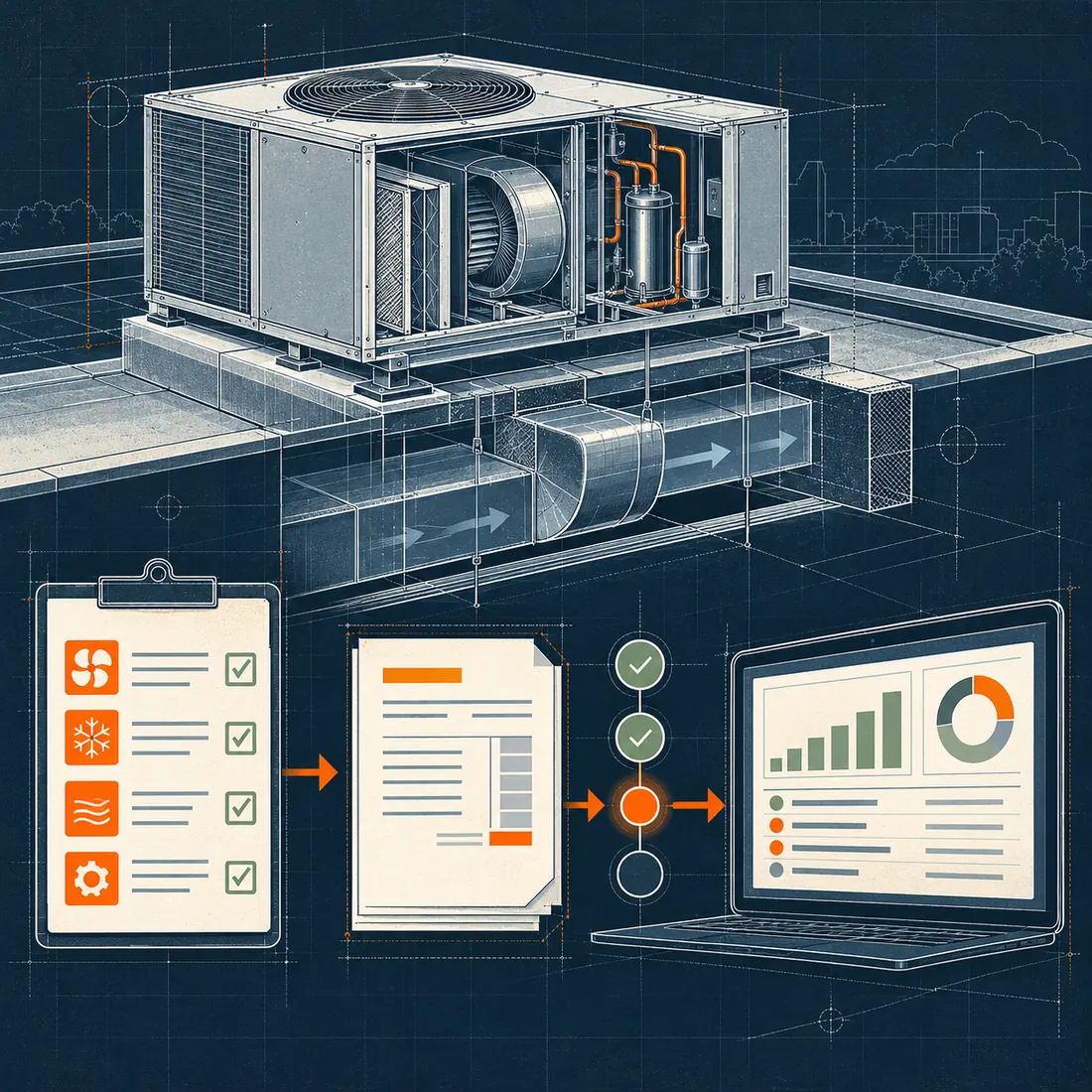Square technical blueprint illustration of an HVAC rooftop unit, service checklist, invoice folio and finance review dashboard