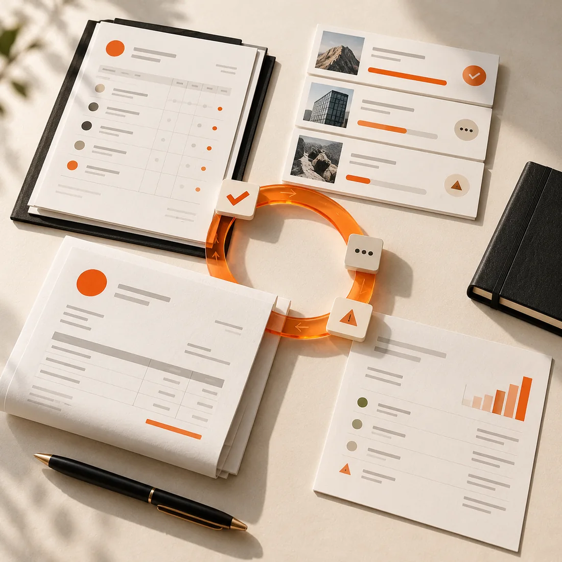 Consulting project timesheets and milestone invoice records arranged around an orange review workflow