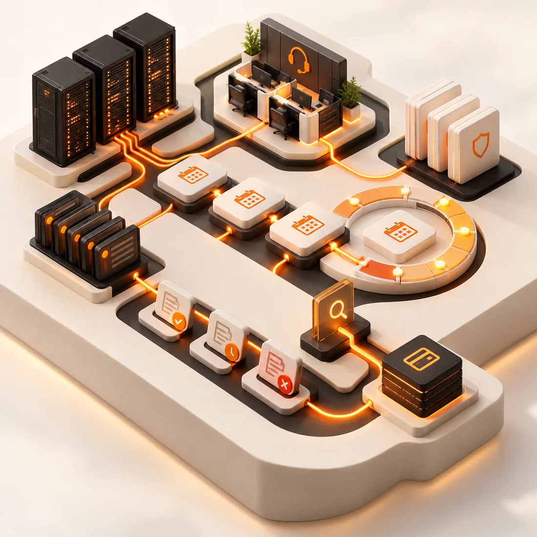 Isometric managed IT service diorama connecting server racks, monthly service cycles and an invoice review path