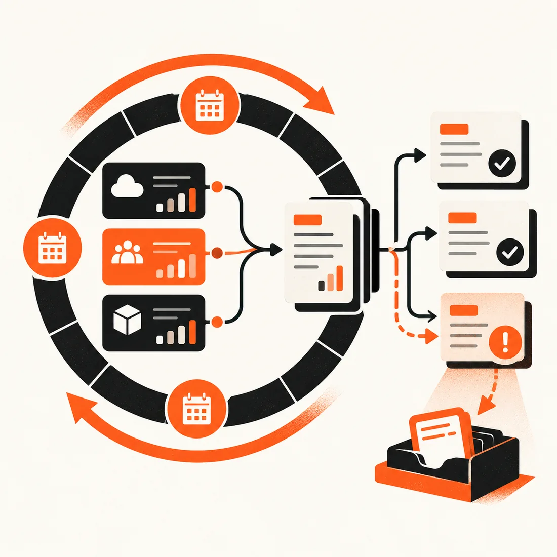 Editorial illustration of recurring software subscription cycles feeding an invoice review queue