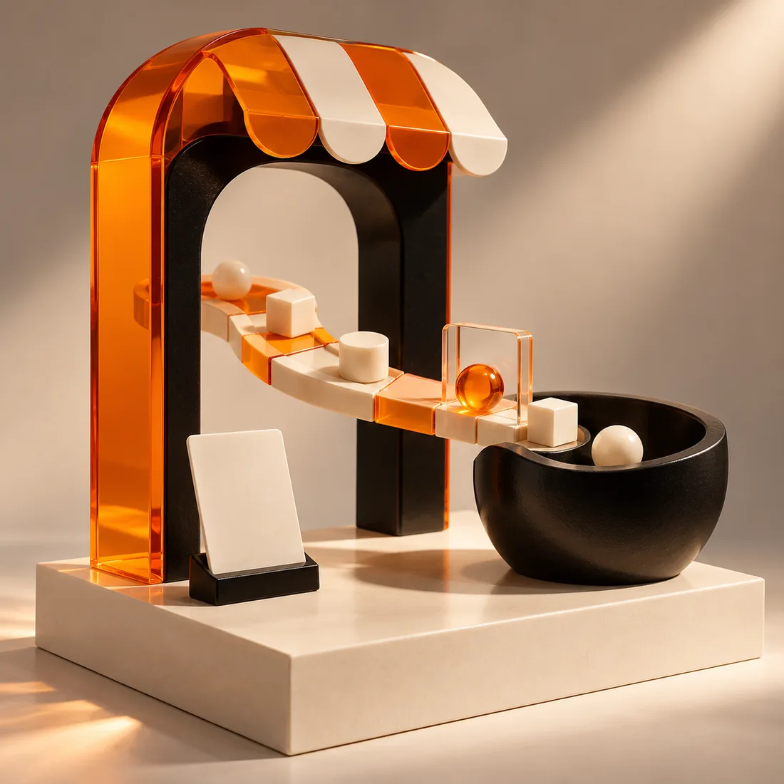 Sculptural orange storefront and payment-term path with one order marker paused for review