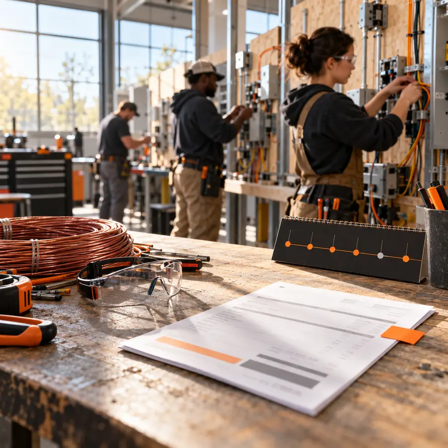 Vocational electrical workshop with adult students at practice panels, copper wire, an invoice and an orange payment milestone tab.