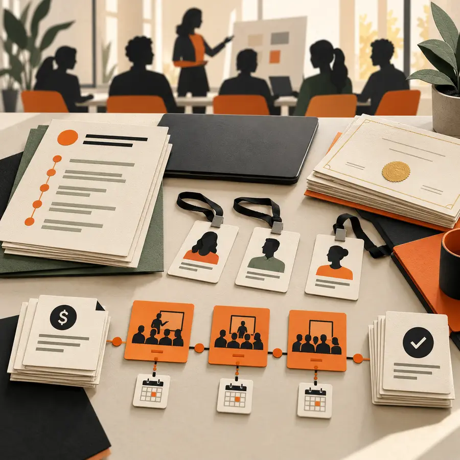 Paper-cut editorial image of a corporate training session, cohort badges, completion certificates and orange invoice milestone cards.