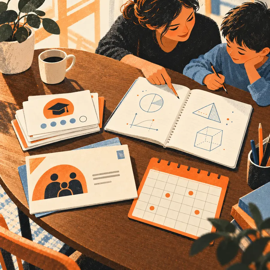 Screen-printed tutoring table with tutor and learner, abstract math notebook, family account card and orange billing calendar.