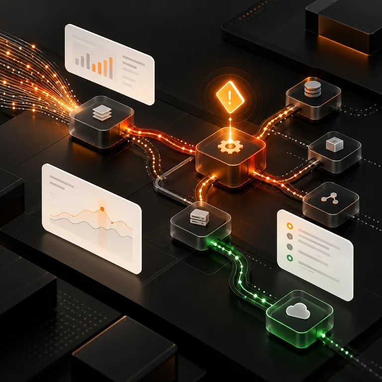 Abstract API request traces, service nodes, diagnostic cards, amber incident pulse, and a recovery path