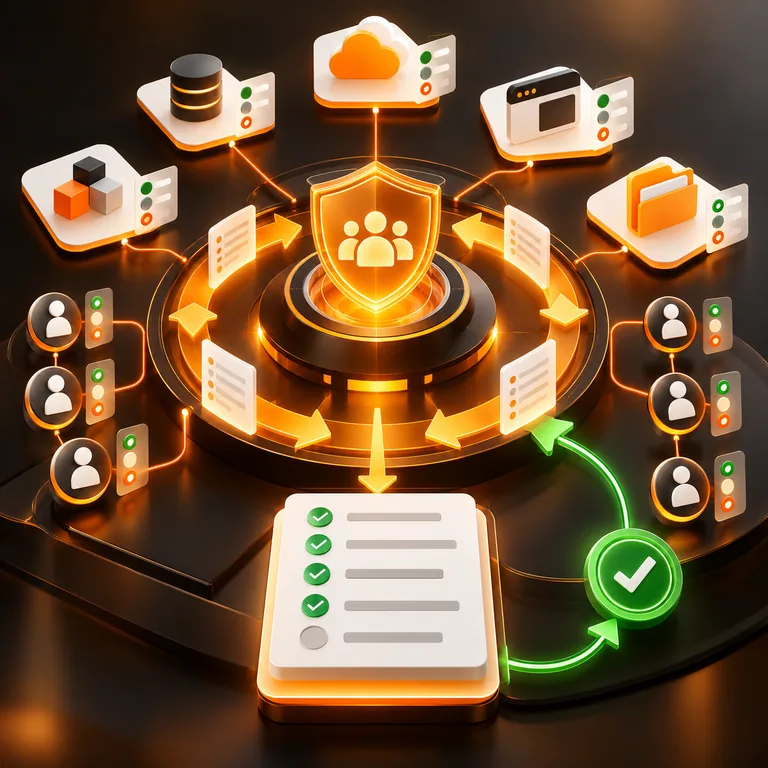 Abstract application tiles, luminous access-review cycle, permission badges, identity nodes, white checklist panel, and green governance loop