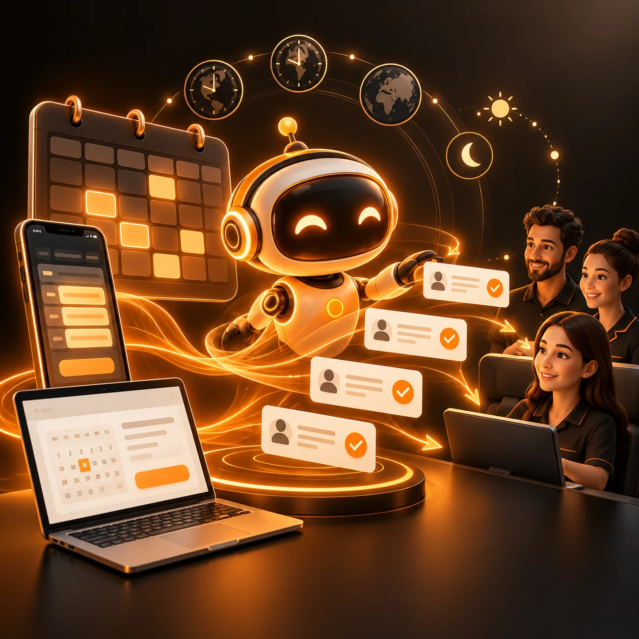 Orange AI scheduling concierge coordinating calendars, booking requests, availability, and team confirmations