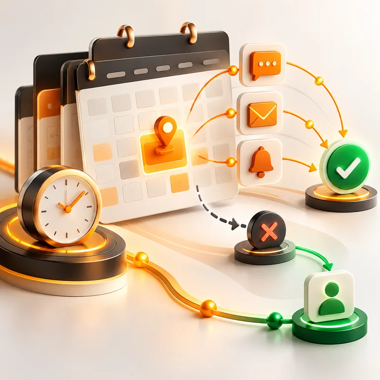 Abstract appointment reminder workflow with calendar panels, timed message arcs, a confirmation check, and an escalation path